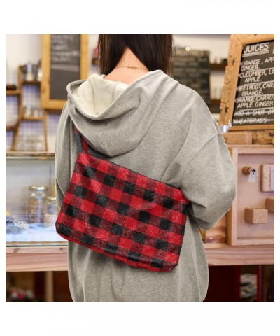 Women Boho Handbag Tartan Checker Plaid Red Black Underarm Bag Tote Bag Shoulder Bag Crossbody Bag Fluffy Cell Phone Purse La...