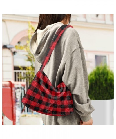 Women Boho Handbag Tartan Checker Plaid Red Black Underarm Bag Tote Bag Shoulder Bag Crossbody Bag Fluffy Cell Phone Purse La...