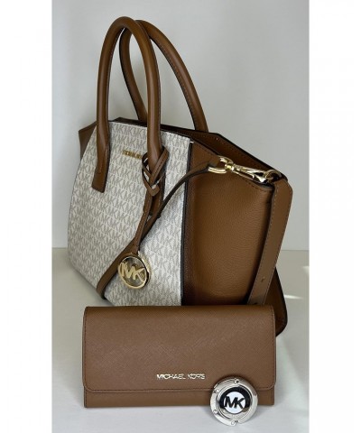 MICHAEL Avril Large Top-Zip Satchel bundled with Trifold Wallet Purse Hook (Signature MK Vanilla/Luggage) $88.03 Satchels