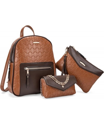 3Pcs Vegan Leather Backpack Set, Crossbody Bag, Shoulder Bags, Clutch for Women Lady Model HB014 (Brown) Brown $18.87 Backpacks