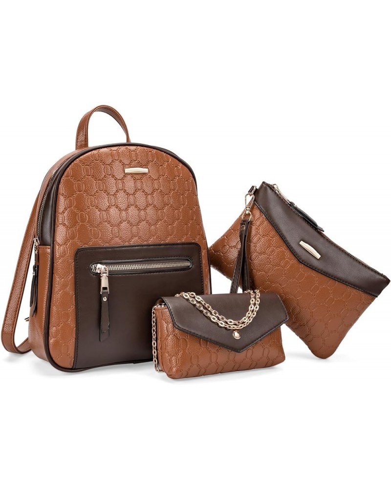 3Pcs Vegan Leather Backpack Set, Crossbody Bag, Shoulder Bags, Clutch for Women Lady Model HB014 (Brown) Brown $18.87 Backpacks