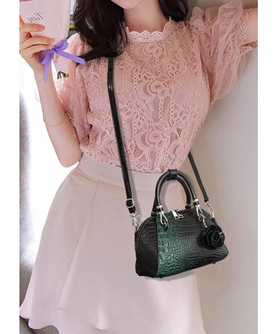 Women Crocodile Pattern Rose Pendant Tote Bag Retro Seashell Handbag Crossbody Bag Dark Green $17.99 Totes