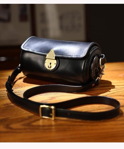 Leather cylinder bag crossbody bag textured cowhide handmade retro shoulder bag foe men and women (Black) Black $140.15 Shoul...