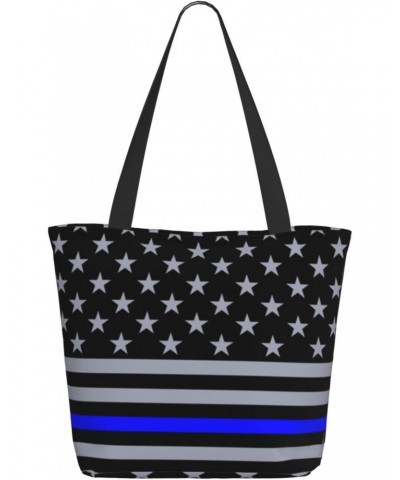 Women Shoulder Bag Thin-Blue-Line-Flag-American Foldable Tote Bag With Zipper Closure Casual Shopping Purse Daily Bag $18.24 ...