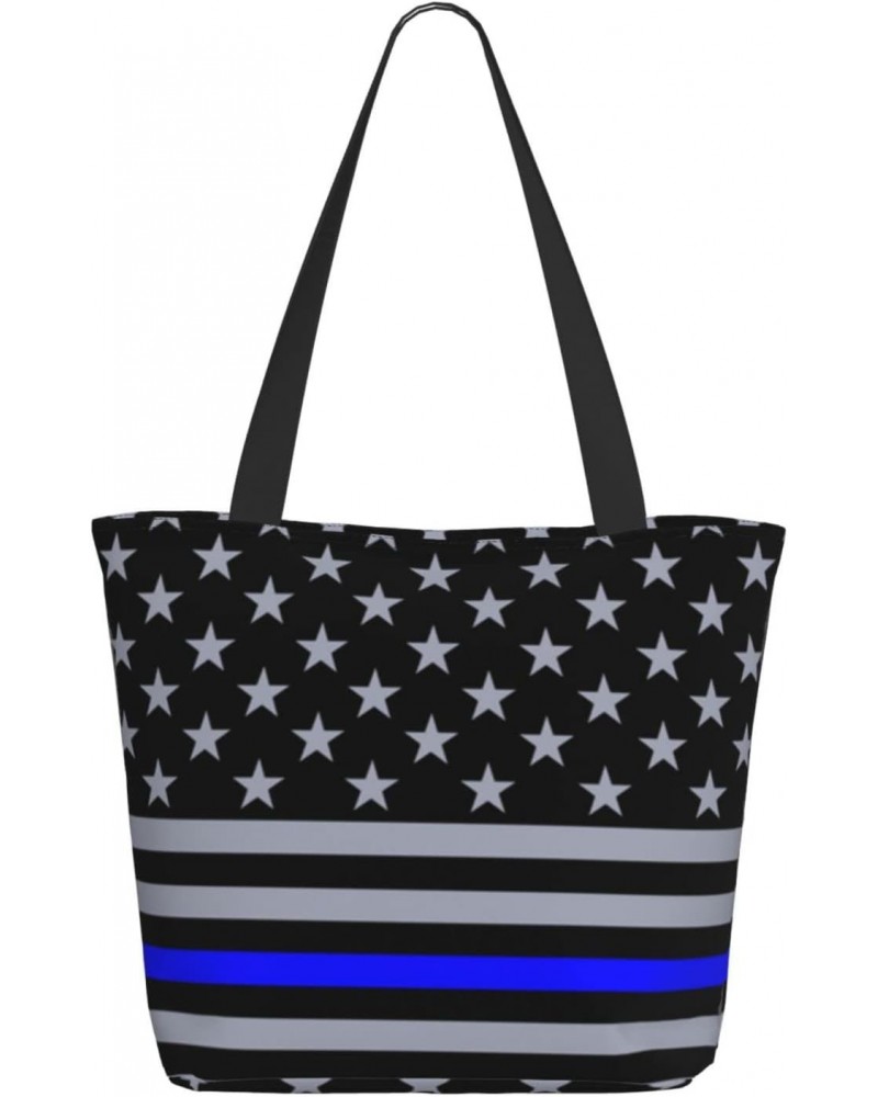 Women Shoulder Bag Thin-Blue-Line-Flag-American Foldable Tote Bag With Zipper Closure Casual Shopping Purse Daily Bag $18.24 ...