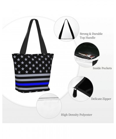 Women Shoulder Bag Thin-Blue-Line-Flag-American Foldable Tote Bag With Zipper Closure Casual Shopping Purse Daily Bag $18.24 ...