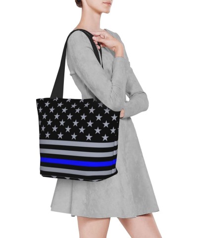 Women Shoulder Bag Thin-Blue-Line-Flag-American Foldable Tote Bag With Zipper Closure Casual Shopping Purse Daily Bag $18.24 ...