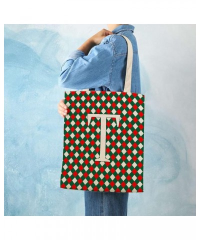 Initial Letter Monogram B Red and Green Buffalo Plaid Canvas Tote Bag with Handle Cute Book Bag Shopping Shoulder Bag for Wom...