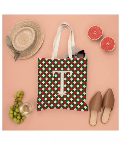 Initial Letter Monogram B Red and Green Buffalo Plaid Canvas Tote Bag with Handle Cute Book Bag Shopping Shoulder Bag for Wom...