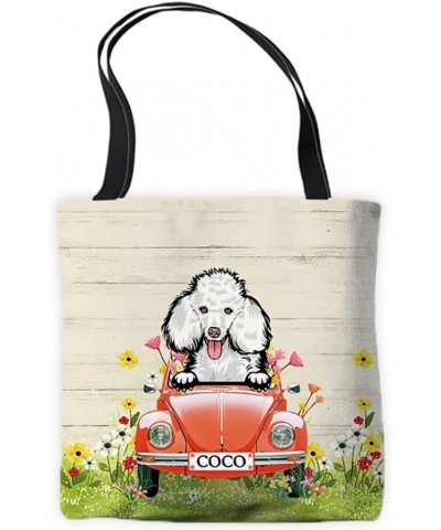 Personalized Canvas Tote Bag Peeking Dog Poodle in Red Retro Car Surrounding with Flowers Spring Summer Bag Poodle 1 $9.00 Totes