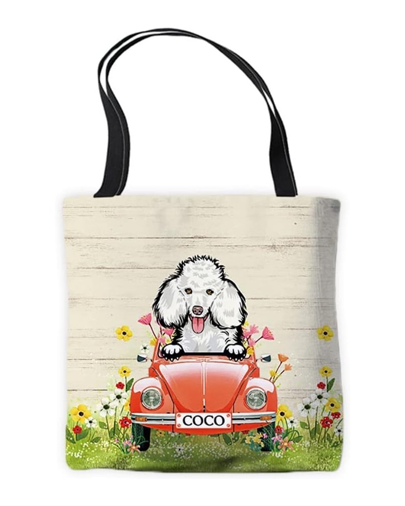 Personalized Canvas Tote Bag Peeking Dog Poodle in Red Retro Car Surrounding with Flowers Spring Summer Bag Poodle 1 $9.00 Totes