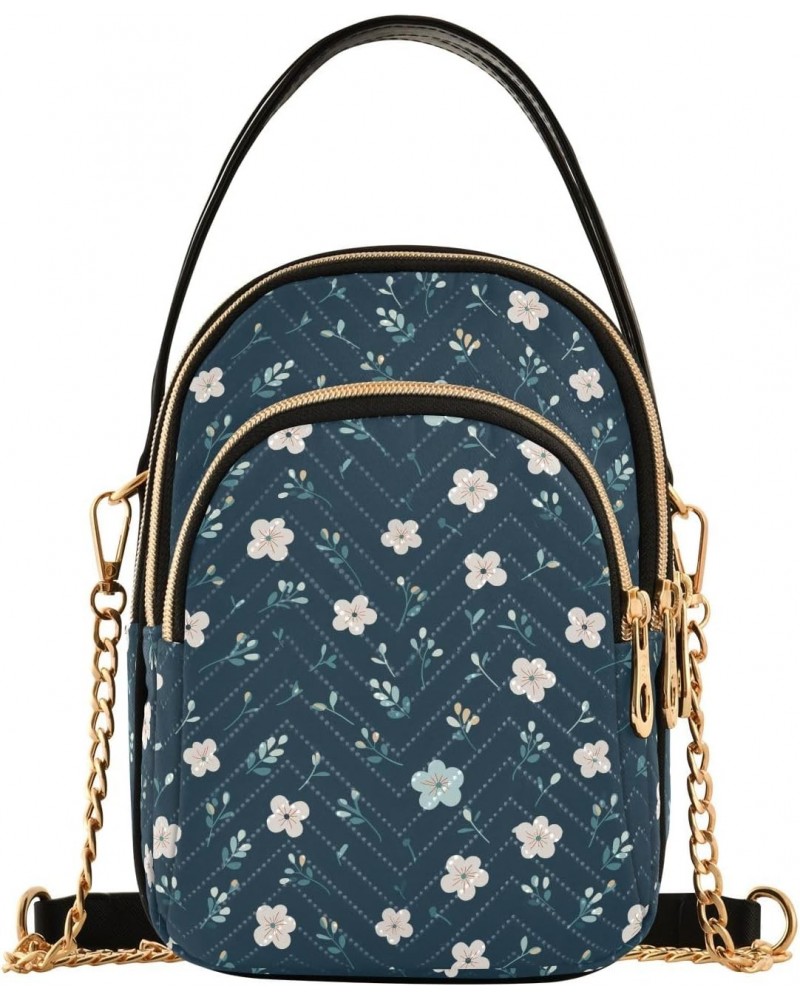 Cartoon Navy Blue Floral Women's Crossbody Handbags with Zipper, Casual Leather Cell Phone Purse Crossbody Bags for Ladies $1...