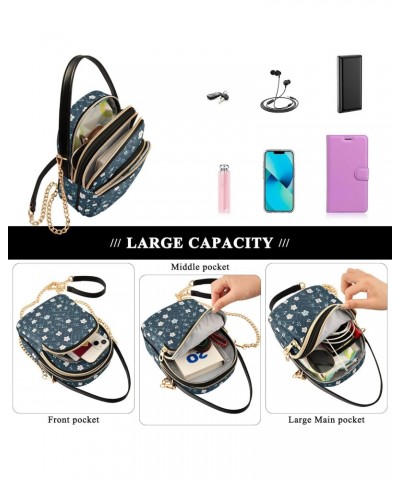 Cartoon Navy Blue Floral Women's Crossbody Handbags with Zipper, Casual Leather Cell Phone Purse Crossbody Bags for Ladies $1...