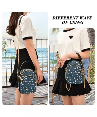 Cartoon Navy Blue Floral Women's Crossbody Handbags with Zipper, Casual Leather Cell Phone Purse Crossbody Bags for Ladies $1...