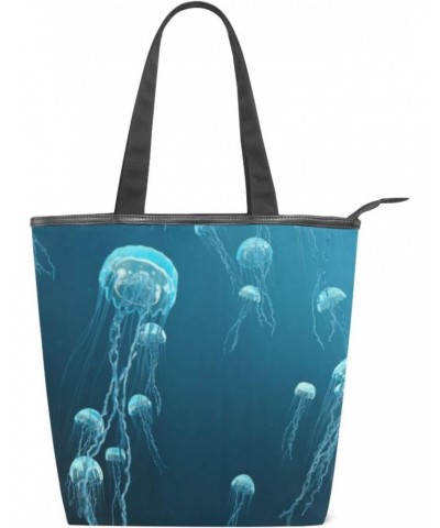 Tote Bag Ocean Blue Jellyfish Canvas Zippered Tote Handbag for Women with 2 Interior Pockets $9.43 Totes