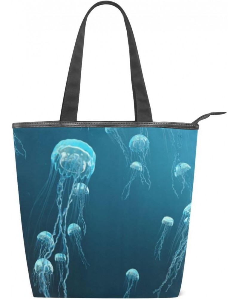 Tote Bag Ocean Blue Jellyfish Canvas Zippered Tote Handbag for Women with 2 Interior Pockets $9.43 Totes