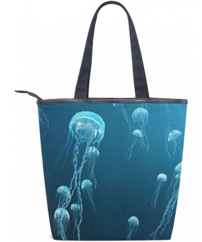 Tote Bag Ocean Blue Jellyfish Canvas Zippered Tote Handbag for Women with 2 Interior Pockets $9.43 Totes