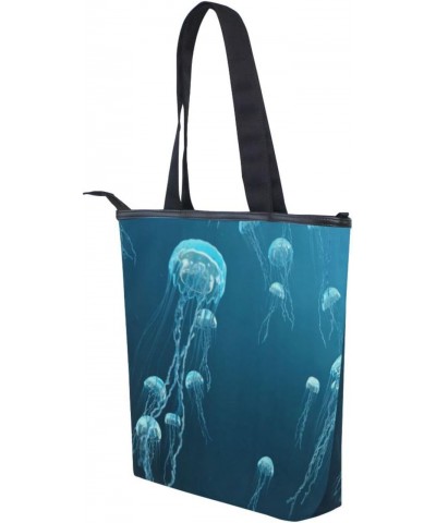 Tote Bag Ocean Blue Jellyfish Canvas Zippered Tote Handbag for Women with 2 Interior Pockets $9.43 Totes