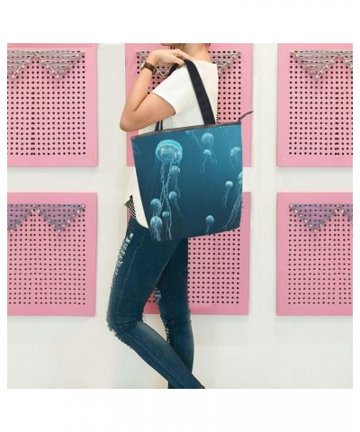 Tote Bag Ocean Blue Jellyfish Canvas Zippered Tote Handbag for Women with 2 Interior Pockets $9.43 Totes