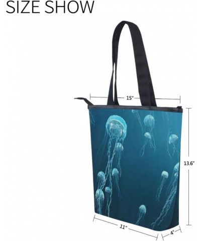 Tote Bag Ocean Blue Jellyfish Canvas Zippered Tote Handbag for Women with 2 Interior Pockets $9.43 Totes