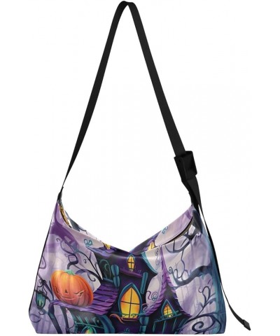 Abstract 3D Pattern Shoulder Bag for Women Man PU Leather Crossbody Bag with Adjustable Strap Halloween Pumpkin Purple Castle...