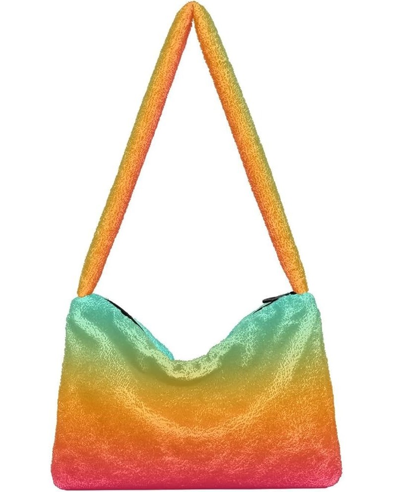 Gradient Color Women's Shoulder Bag, Fur Tote Women Bag Hobo Purse Teal Orange Pink Gradient $10.08 Totes