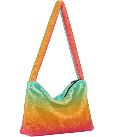 Gradient Color Women's Shoulder Bag, Fur Tote Women Bag Hobo Purse Teal Orange Pink Gradient $10.08 Totes