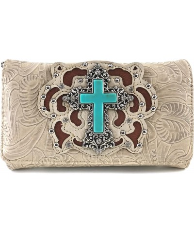 Tooled Turquoise Stone Cross Rhinestone Laser Cut Shoulder Chain Concealed Carry Handbag Purse Wallet Messenger Beige Wallet ...