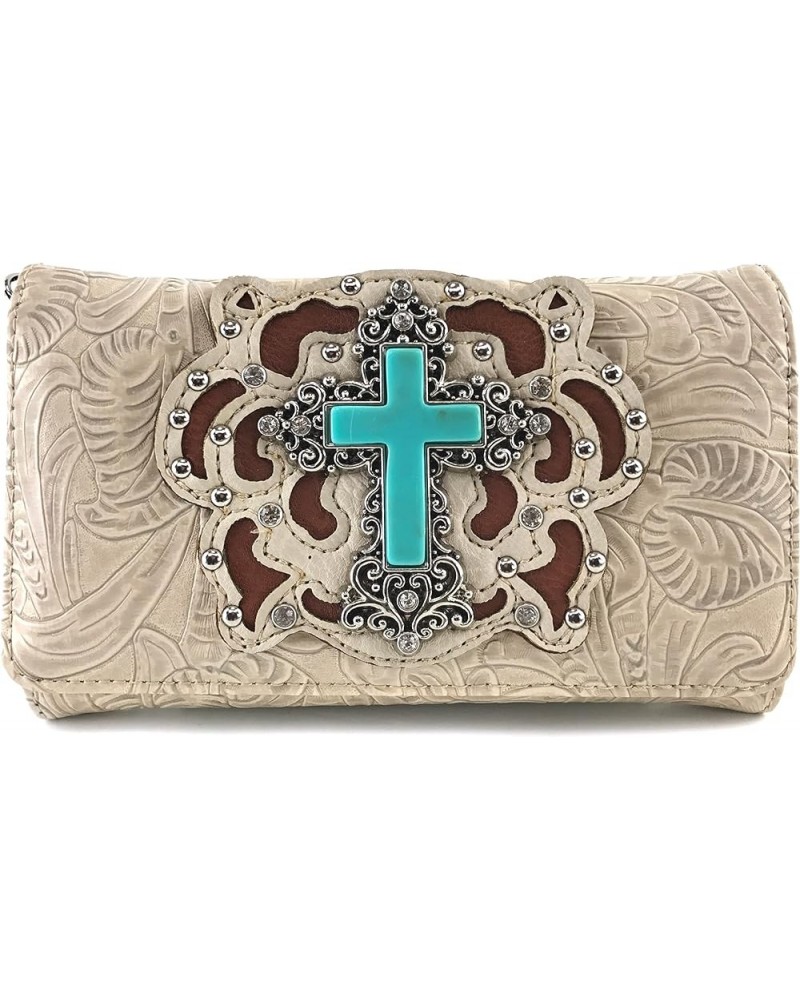 Tooled Turquoise Stone Cross Rhinestone Laser Cut Shoulder Chain Concealed Carry Handbag Purse Wallet Messenger Beige Wallet ...