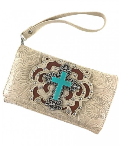 Tooled Turquoise Stone Cross Rhinestone Laser Cut Shoulder Chain Concealed Carry Handbag Purse Wallet Messenger Beige Wallet ...