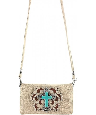 Tooled Turquoise Stone Cross Rhinestone Laser Cut Shoulder Chain Concealed Carry Handbag Purse Wallet Messenger Beige Wallet ...