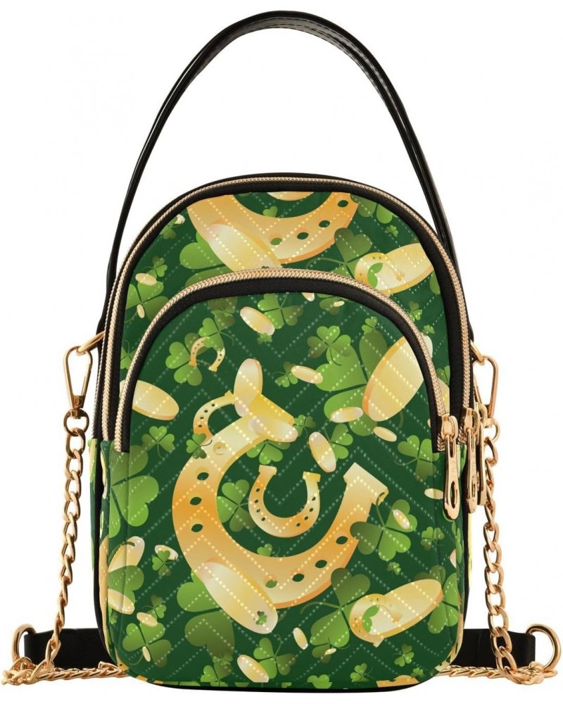 St Patricks Coins Clover Crossbody Bags for Women Quilted Shoulder Bag Handbag with Chain Strap Golden Horseshoes Trendy Cros...