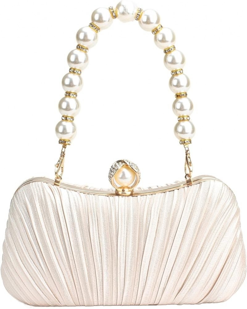 Clutch Purse Satin Pearl Evening Bag Handbag Chain Strap Shoulder Bag Champange $17.39 Evening Bags