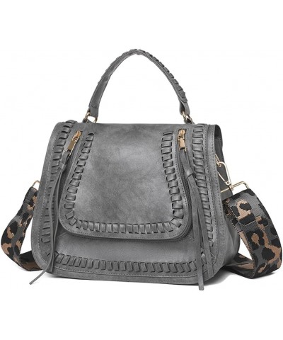 Vintage Crossbody Bag for Women Vegan Leather Satchel Shoulder Tote Bag Flap Top Handle Handbags Leopard Strap Grey $25.64 Totes