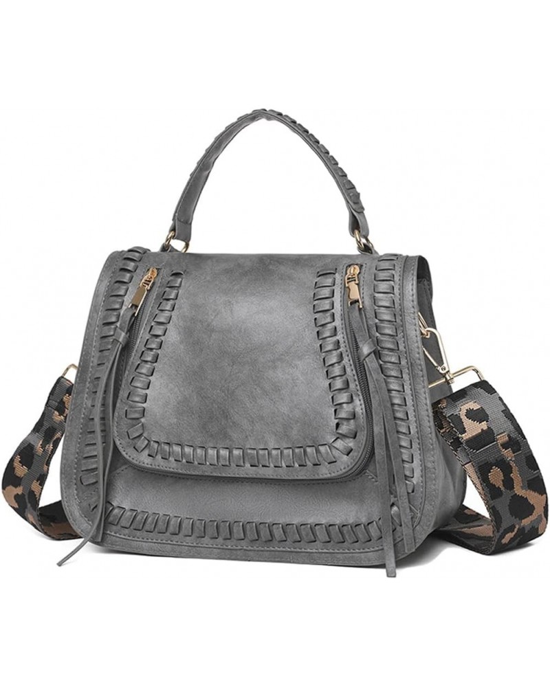 Vintage Crossbody Bag for Women Vegan Leather Satchel Shoulder Tote Bag Flap Top Handle Handbags Leopard Strap Grey $25.64 Totes