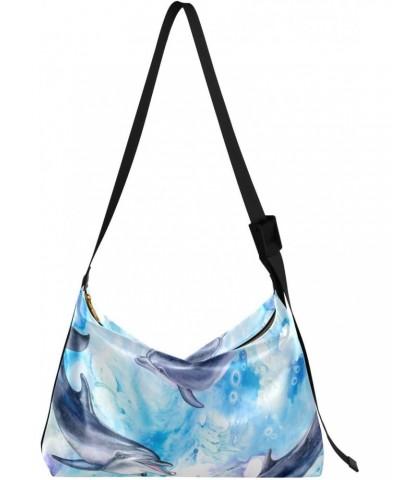 Watercolor Sea Blue Seamless Dolphin Crossbody Bags for Women PU Leather Large Shoulder Bag Hobo Purse $14.85 Hobo Bags