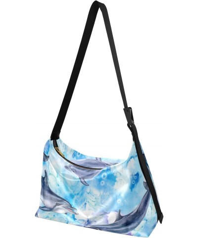 Watercolor Sea Blue Seamless Dolphin Crossbody Bags for Women PU Leather Large Shoulder Bag Hobo Purse $14.85 Hobo Bags