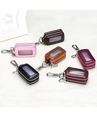 Cow Leather Home Car Keys Bag Double Pocket Zipper Mini Wallet Earth Yellow Men Women Key Holder Transparent Pocket (Color : ...