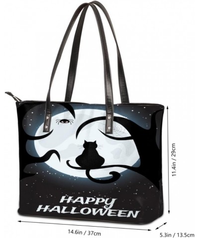 Halloween Black Cat Spider Tote Bag Women Shoulder Handbags PU Leather Everyday Bag with External Pocket Large Capacity Aesth...