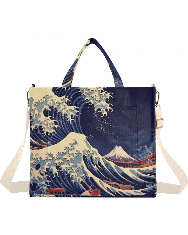 Japanese Sea Wave Corduroy Tote Bag for Women Hobo Crossbody Bag Purse Stylish Shoulder Handbag Messenger Bags, S $10.57 Totes