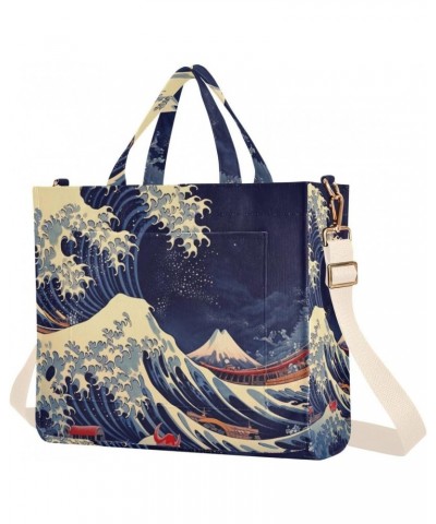 Japanese Sea Wave Corduroy Tote Bag for Women Hobo Crossbody Bag Purse Stylish Shoulder Handbag Messenger Bags, S $10.57 Totes