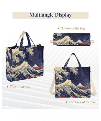 Japanese Sea Wave Corduroy Tote Bag for Women Hobo Crossbody Bag Purse Stylish Shoulder Handbag Messenger Bags, S $10.57 Totes