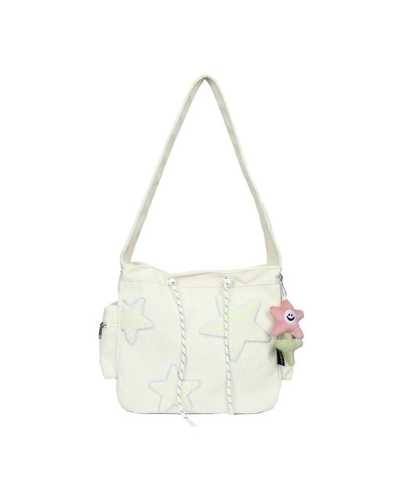 Grunge Aesthetic Star Corduroy Messenger Bag, Y2K Cute Tote Bags Kawaii Crossbody Bag Purse Large Capacity (Green) Cream Whit...