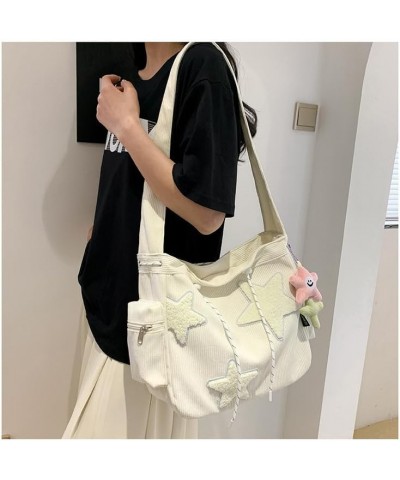 Grunge Aesthetic Star Corduroy Messenger Bag, Y2K Cute Tote Bags Kawaii Crossbody Bag Purse Large Capacity (Green) Cream Whit...