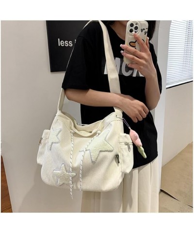 Grunge Aesthetic Star Corduroy Messenger Bag, Y2K Cute Tote Bags Kawaii Crossbody Bag Purse Large Capacity (Green) Cream Whit...