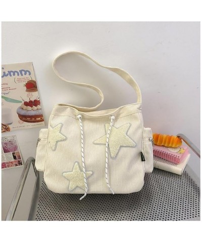 Grunge Aesthetic Star Corduroy Messenger Bag, Y2K Cute Tote Bags Kawaii Crossbody Bag Purse Large Capacity (Green) Cream Whit...