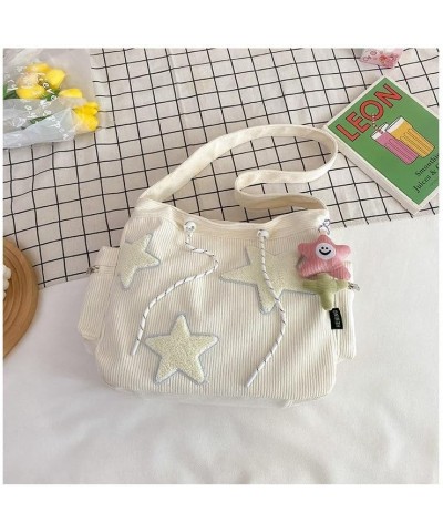 Grunge Aesthetic Star Corduroy Messenger Bag, Y2K Cute Tote Bags Kawaii Crossbody Bag Purse Large Capacity (Green) Cream Whit...