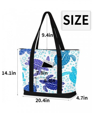 Ocean Turtle Canvas Totes Shoulder Bag for Women Girls, Sea Animal Handbag with External Pockets Daily Essentials Large Top Z...