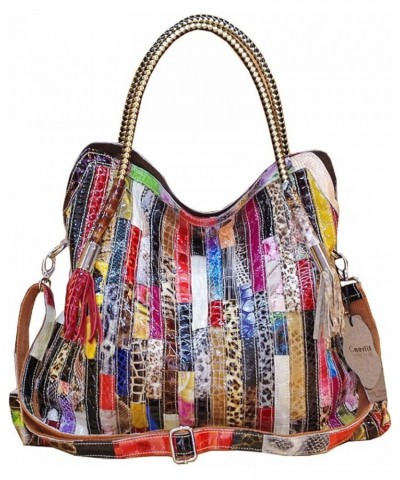 Women's Multicolor Tote Handbag Abstract Design Handbag Genuine Leather Hobo Shoulder Purse Stripe-colorful $33.62 Totes