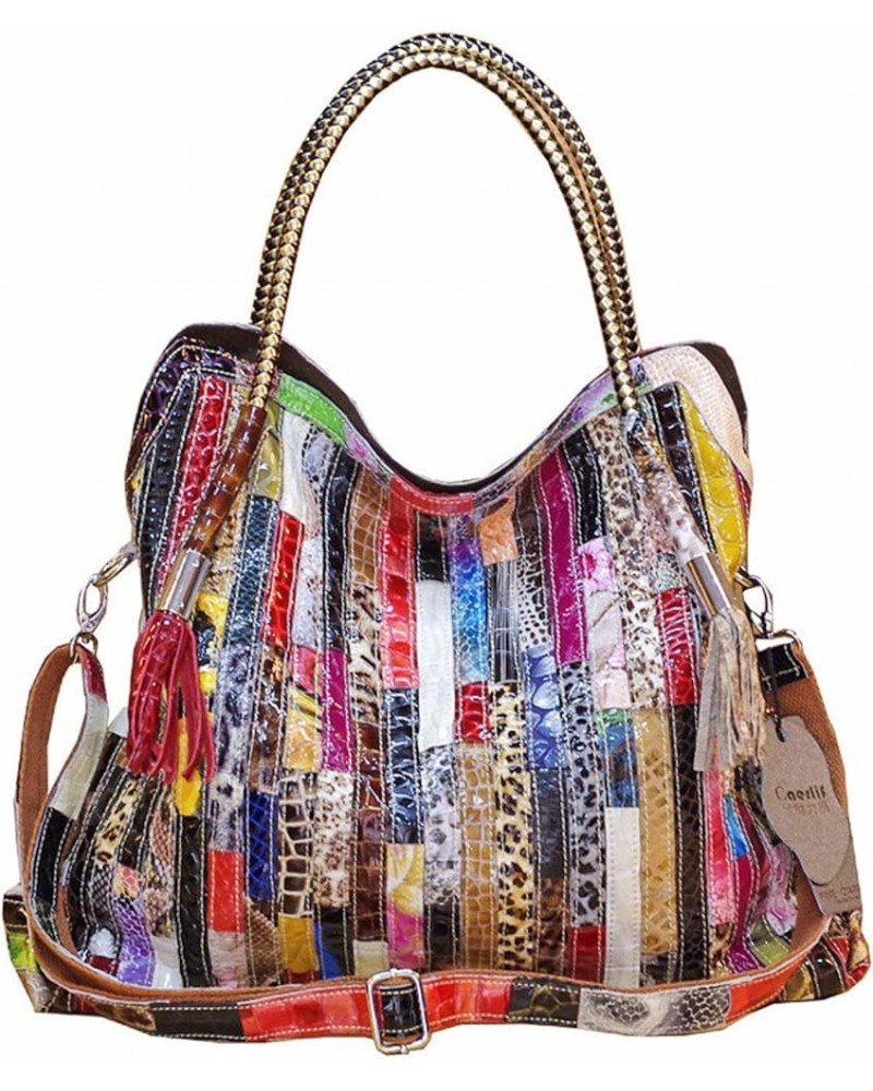 Women's Multicolor Tote Handbag Abstract Design Handbag Genuine Leather Hobo Shoulder Purse Stripe-colorful $33.62 Totes